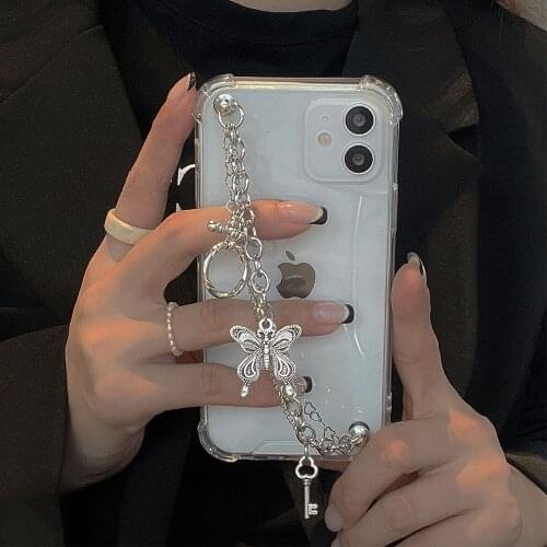 Butterfly Key Pendant Wrist Chain Phone Case For iPhone 12 Pro Max XS MAX 11 Pro Max XR XS 7 8 Plus Clear Shockproof Soft Shell