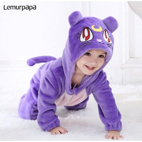 Purple Cat Onesie Infant Baby Romper Winter Clothes Ziper Hooded Flannel Cozy Kigurumis Animal Costume Little Boy Girl Play Suit