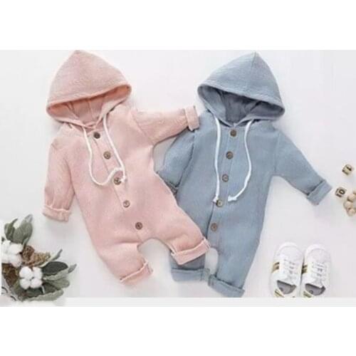 Fashion New Autumn Baby Hooded Jumpsuit Button Solid Cotton Ribbed Sweet Style Long Sleeve Infant Baby Girls Boys Clothing