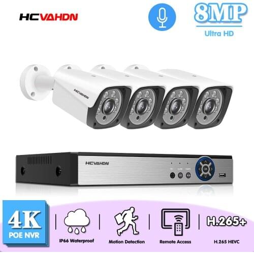 H.265+ 4CH 8MP 4K CCTV System POE NVR Kit 3840X2160 Audio Waterproof Metal IP Camera Bullet Home Security Camera System Xmeye
