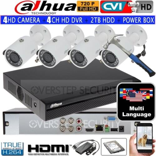Dahua mutil language 720P DH-HAC-HFW1100S waterproof CVI IR Bullet Security Camera with H.264 4CH CVI DH-XVR4104HS camera kit