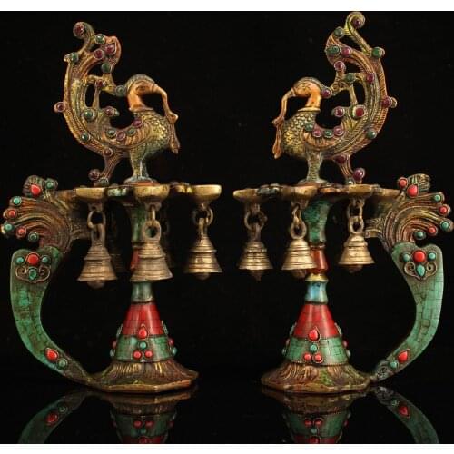 13"Tibet Temple Collection Old Bronze outline in gold mosaic Gem outline in gold Phoenix statue Oil lamp A pair Bells Wax table