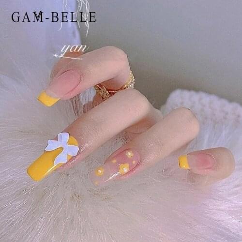 GAM-BELLE Summer Long Ballerina Yellow Fake Nails With 3D Bows Full Detachable French Stick on Nails Decoration Manicure Tool