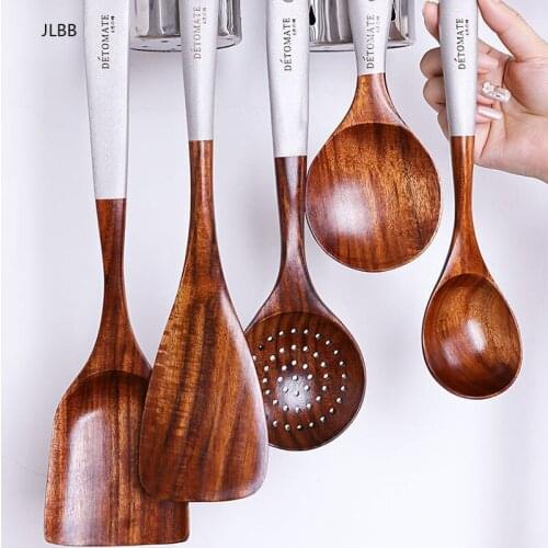 1/7 Pcs Wooden Kitchen Utensils Set Appliances Special Non-Stick Set Pure Natural Teak Solid Wood Long Handle Shovel Tools