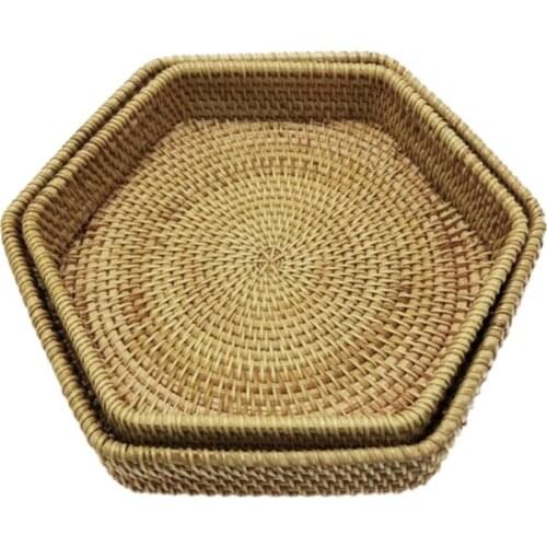 Natural Environmental Protection Handmade Rattan Hexagonal Storage Basket Tea Tray Fruit Basket Snack Basket, 2PCS