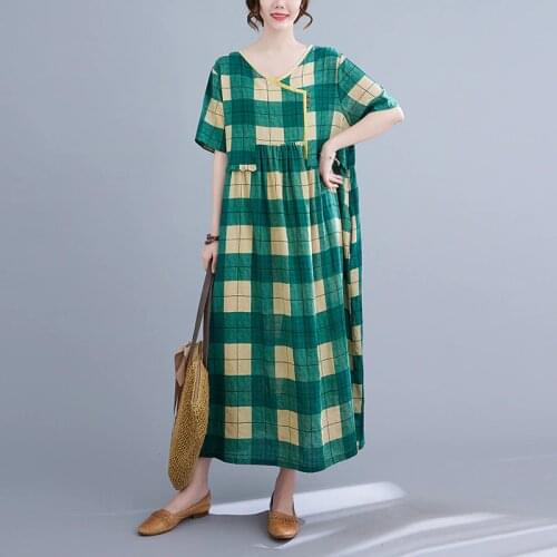 New 2021 Plaid Soft Cotton Dress Women Loose Casual Dress Lady Long Big Size Female Short Sleeve Holiday Vestidos Dress