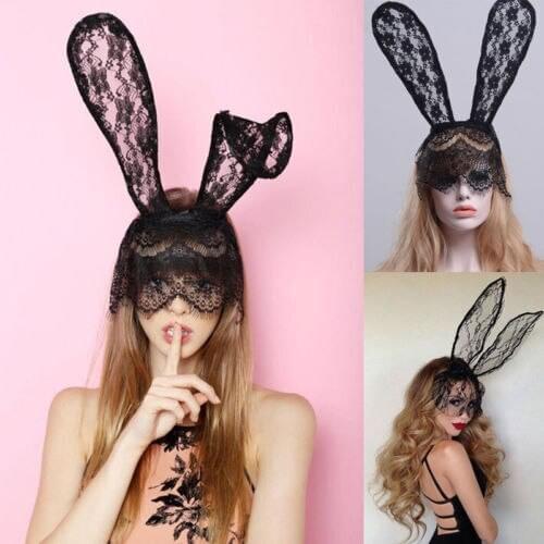New Sexy Black Lace Masquerade Exotic Accessories Women Halloween Costume Party Rabbit Bunny Ears Lace Eye Mask Headwear