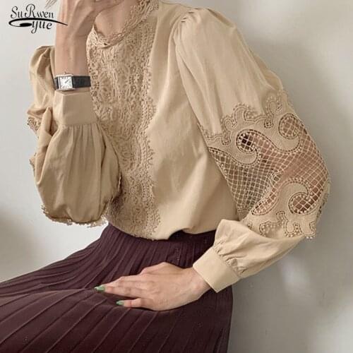 Autumn Chic Retro Hollow Lantern Sleeve Blouses Loose Hedging O-neck Black Tops Elegant Lace Long Sleeve Sexy White Shirts 16960