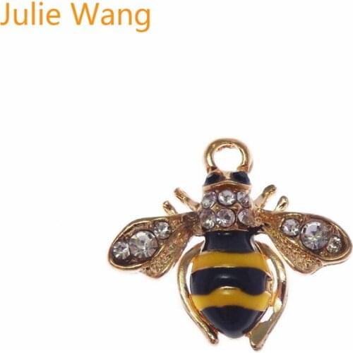 Julie Wang 2PCS Alloy Gold Base Enamel Bees With Rhinestone Charms For Neckalce Pendant Findings DIY Jewelry Making Accessories