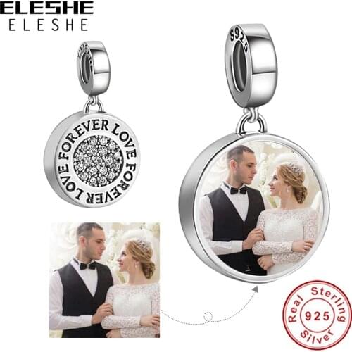 Personalized Custom Photo 925 Sterling Silver Round Forever Love CZ Charm Pendant Fit Bracelet Necklace Women DIY Fine Jewelry