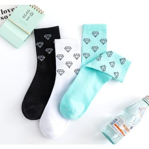 Drop Street Fashion Cotton Adult Crew Socks One Carat Arat Diamond Cartoon Happy Kawaii Cute Streetwear Couple Round Briliiaant