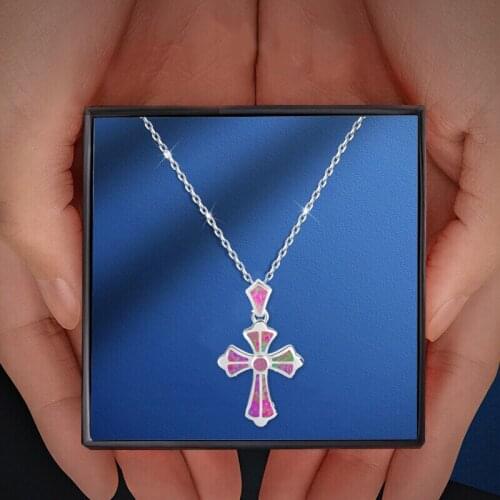 ROLILASON women cross design Pink Fire Opal Silver Stamped charm Pendant Health Fashion jewelry OPs698