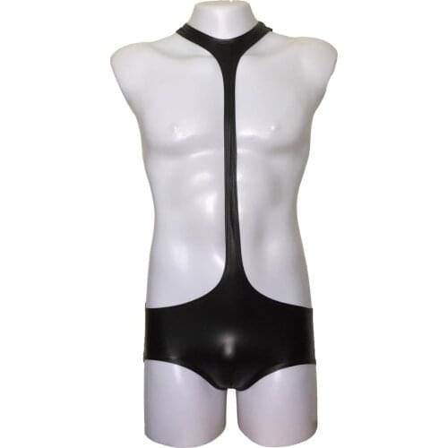 Sexy Men Faux Leather Black Leotard Wrestling Suit Wet Look Bulge Pouch Brief Gay Fetish Nightclub Costume