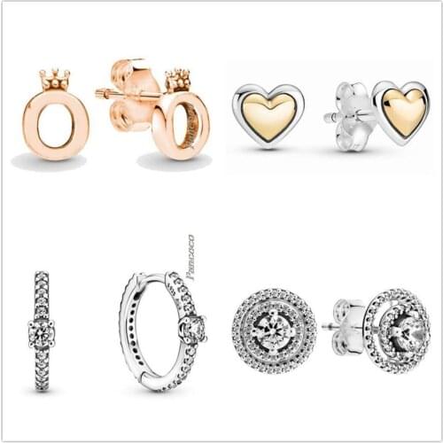 Authentic 925 Sterling Silver Earring Two Tone Domed Golden Heart Stud Earrings For Women Wedding Gift Fashion Jewelry