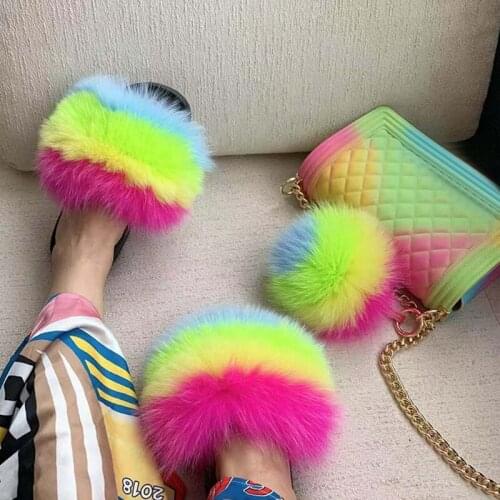 Colorful Fur Slippers Women Fluffy Sandals Home Sexy Flat Flip Flops Real Fox Fur Furry Summer Slipper