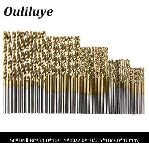 50Pcs/Set HSS Drill Bit Titanium Coated High Speed Steel Drilling Bits Set Woodworking Drilling Tool for Dremel Mini Drill