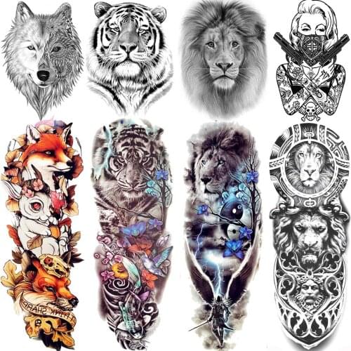 Full Arm Temporary Sleeve Tattoos For Men Women Fake Tiger Lion Wolf Tatoos Decal Realistic Large Maori Covers Tatoo For Holiday