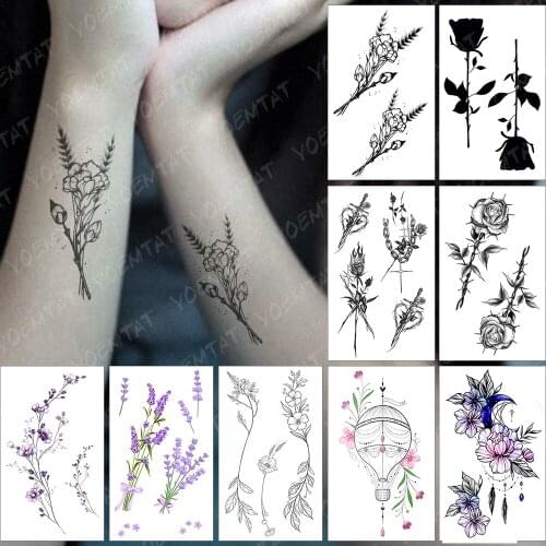 Waterproof Temporary Tattoo Sticker Simple Line Flower Rose Flash Tatoo Lavender Arm Wrist Fake Tatto For Body Art Women Men