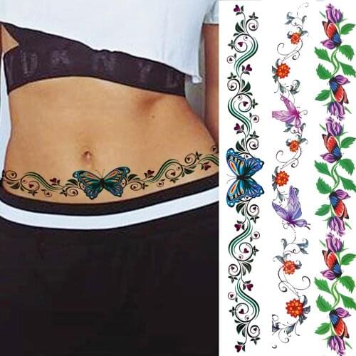 Throns Butterfly Temporary Tattoos Realistic Fake Body Art Waist Tatoos Fake Sexy Water Transfer Vine Tattoos Sticker For Women