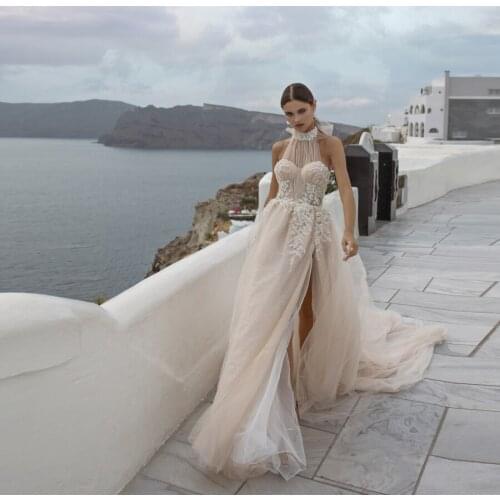 High Collar Tulle With Applique Lace Beads Side Slit Sexy Beach Wedding Dresses Backless Wedding Gowns vestido de noiva 2020