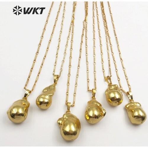 WT-JN059 WKT Classic lady elegant irregular Baroque pearl with full gold dipped pendant metal necklace