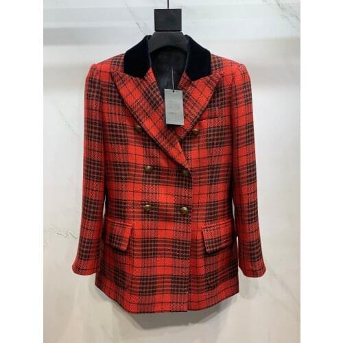 Autumn Luxury 2021FW Women High Quality Red Plaid Wool Double Breated Blazer Jacket For Female Casual Overcoat Coat Gdnz 6.11