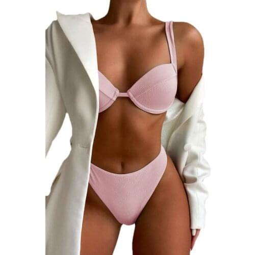 2 Pieces Bathing Suit Female Spaghetti Strap Bikini Tops+ Bikini Panties with Rhinestones Pink/Green/Orange, S/M/L