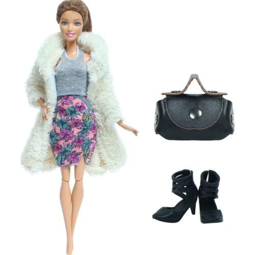 3 Pcs/Pack = 1x White Wool Coat Flower Dress Outfit + 1x Black Shopping Handbag + 1x Black Shoes Clothes for Barbie Doll DIY Toy