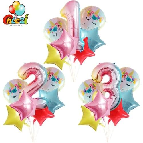 7pcs 32 inch Gradient color Number Foil Balloons Birthday Wedding Party Decorations Round Rainbow Unicorn Balloon Baby Shower