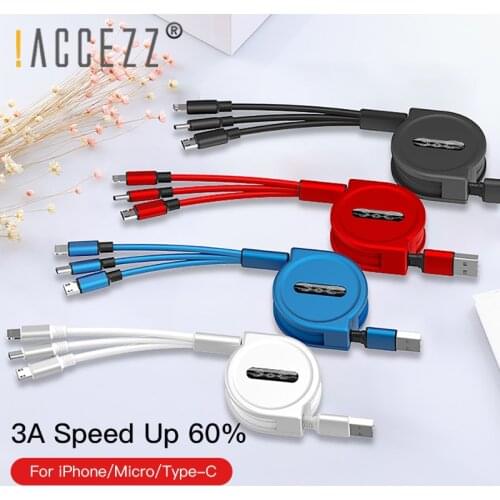 !ACCEZZ 3A 3 in 1 USB Retractable Cable Fast Charging For iPhone 8 XS Micro USB Type C For Samsung Xiaomi Huawei Phone Cord 1.2M