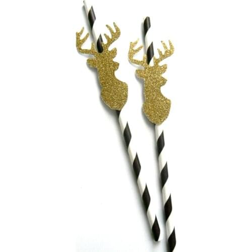 Deer paper straws, party decor, Woodland party favor, black stripe paper straws,Gold Glitter