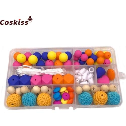 Baby Teether Toys fresh Colors Silicone Teething Kit Geometric Hexagon Silicone Beads Wooden Crochet Beads DIY Nursing Necklack