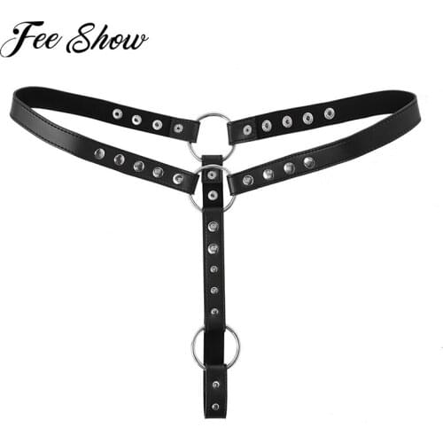 Men PU Leather Harness Underpants Exotic Lingerie Underwear Adjustable Buckle O-ring Crotchless Panties Briefs Thong Adults Toy