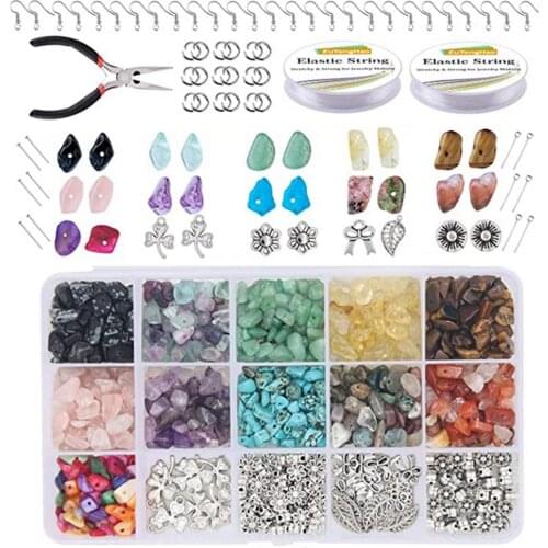 Natural Irregular Chip Beads Stones Pliers Tweezers Pendants Jump Elastic String Jewelry Making Kit
