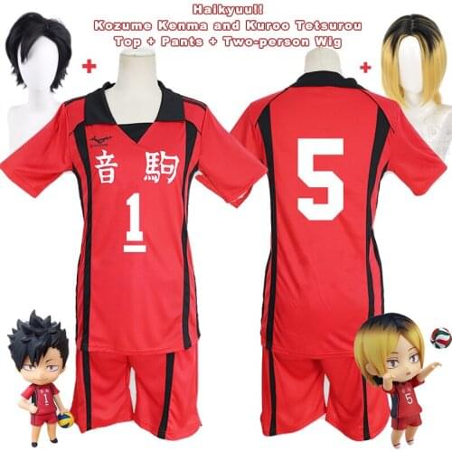 Haikyuu !! Anime Kozume Kenma Kuroo Tetsurou Cosplay Red Shirt Pants Black Yellow Short Wig Boy Girl Clothes Sportswear Uniforms