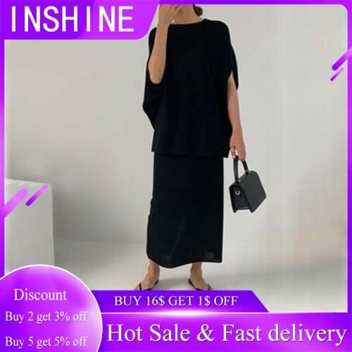 Two Piece Sets Womens Clothes Korea Style Fashion Short Sleeve Hoodie And Straight Skirt Plain Black 2pcs Setup Casual Ladies