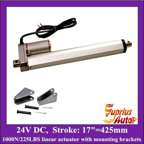 DC 24V linear actuator with mounting brackets, 17"/ 425mm stroke with 1000N/ 225lbs load electric linear actuators