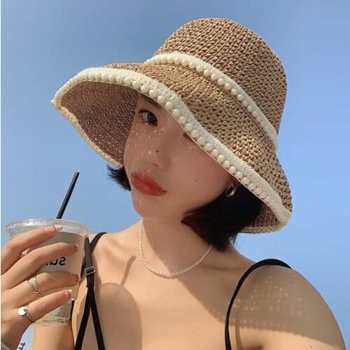 Fashion Handmade Pearl Woven Hat Straw Hat Summer Sun Protection Outdoor Sports Fishing Beach Seaside Chapeau biking Straw Hat