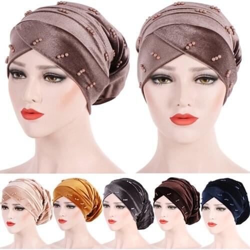 Muslim Turban Scarf India Hijab Caps Hair Accessories Women Pearl Velvet Inner Bandanas Headscarf Turban Wrap Hijab Bonnet