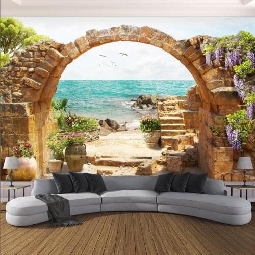 Custom 3D Wall Murals Modern Garden Stone Arches Sea View Photo Wallpapers 3D Wall Cloth Living Room TV Home Decor Wall Covering