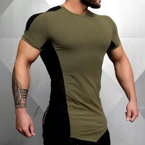 2021 New Mens Tight-Fitting Short-Sleeved T-shirt Fitness Organization Fitness Gyms Fitness Splicing Cotton T-shirt Size M-XXL