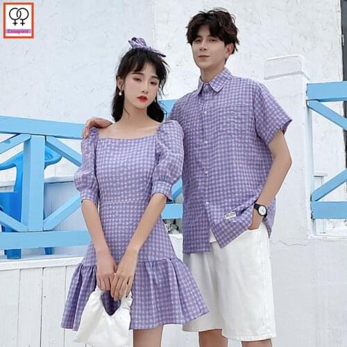 Matching Couple Clothes Lovers Outfits Valentines Days Cute Holiday Honeymoon Casual Purple Sweet Plaid Dress