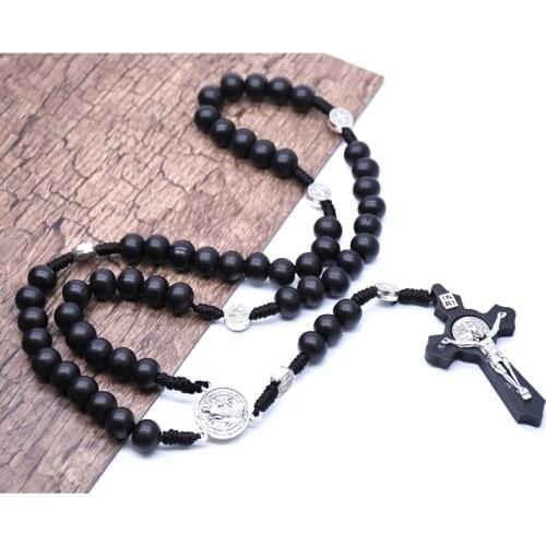 Black Wooden Christ Jesus Cross Religious Necklace Catholic Rosary Necklace Church Souvenirs Prayer Pendant Necklace wholesales
