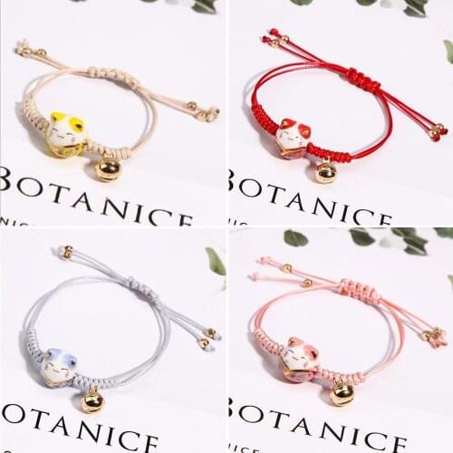 Simple Sweet Ceramic Lucky Cat Bell Thread Bracelets Female Student Girlfriends Hand-woven Red Colors Bells Rope Bangle Handmade