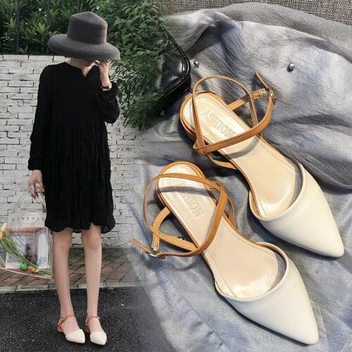 Baotou pointed sandals summer new fashion Korean version of the wild thick with a word buckle Roman womens shoes