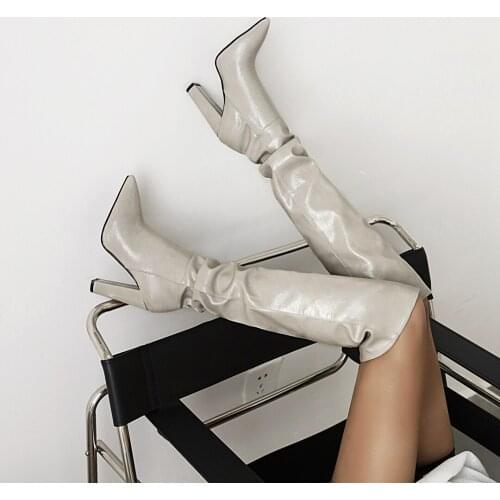 Winter for woman New Fashion New Pointed toe consice Shoes Pure color Burgundy White Block heels Over the knee boots 34-43