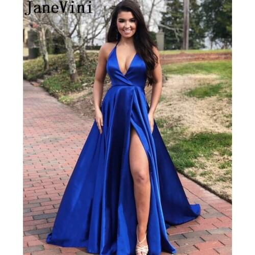 JaneVini Sexy Ladies Royal Blue Long Prom Dresses 2019 High Split Backless A Line Halter Vestido Gala Formal Evening Party Gowns