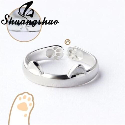 Shuangshuo 925 Sterling Silver Cat Ear Ring Design Cute Fashion Jewelry Adjustable Kitten Rings for Women Party Jewelry Gifts
