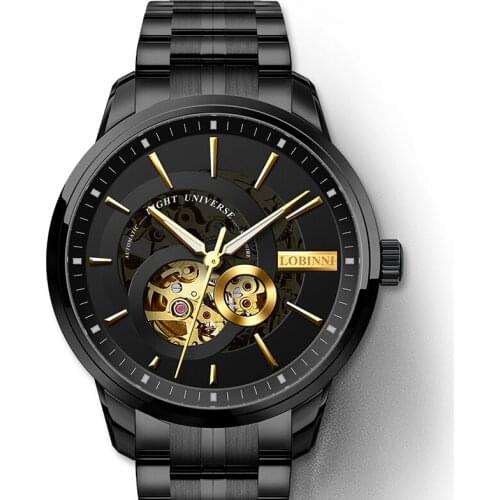 Switzerland Luxury Brand LOBINNI Automatic Mechanical Watch Men Double Skeleton Sapphire Waterproof Luminous Mens Clock L5015