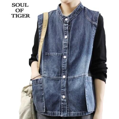 SOUL OF TIGER European Fashion Style 2020 Womens Vintage Waistcoats Ladies Casual Sleeveless Denim Vests Loose Coats Plus Size